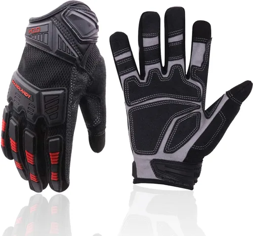 HANDLANDY Mens Work Gloves Touch screen, Utility Mechanic Gloves, Flexible Breathable Fit- Padded Knuckles & Palm Negro rojo