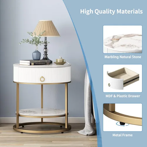 Miniatura 4 de OIOG Mesa auxiliar redonda con cajón, mesita de noche de 2 niveles con estante, mesa auxiliar moderna con patas doradas para sala de estar, Dorado