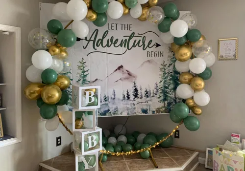 Miniatura 5 de Decoración de baby shower de bosque de 7 x 5 pies, telón de fondo de aventura espera telón de fondo Let The Adventure Begin Banner F73