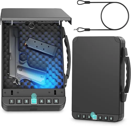 Caja fuerte para pistolas biométrica, caja fuerte para 2 pistolas, acceso rápido a pistola con huella digital, PIN o cerradura de llave recargable,