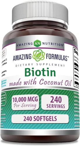 Amazing Formulas Biotina con suplemento de aceite de coco orgánico extra virgen, 10000 Mcg, cápsulas blandas, sin OMG, sin gluten, fabricado en