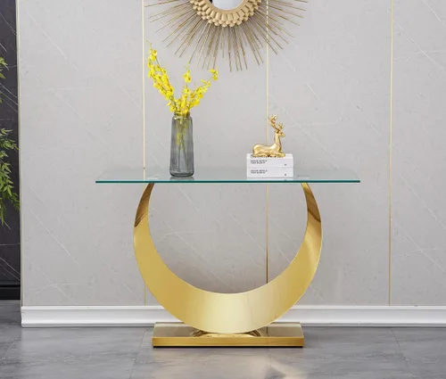 Miniatura 14 de SSLine Mesa consola moderna de lujo, mesa rectangular de cristal para entrada de pasillo, sala de estar, almacenamiento de 2 niveles, diseño