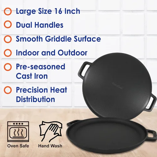 Miniatura 4 de Sartén de Pizza Redonda/Plancha de Hierro Fundido de 16 Pulgadas por StarBlue con Asas de Silicona GRATIS y Libro Electrónico de 30 Recetas – Comal