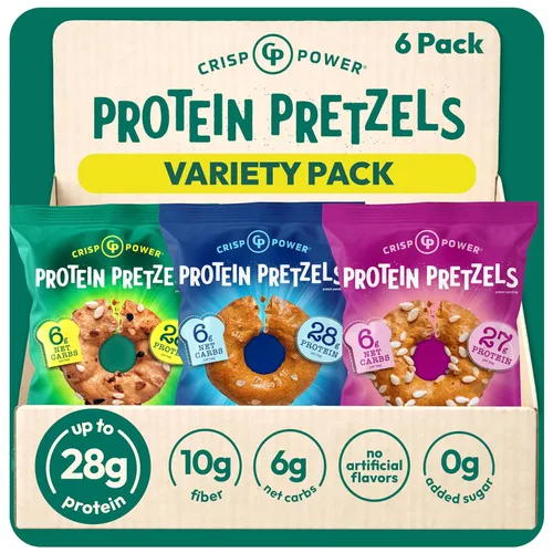 CRISP POWER Pretzels de proteína, paquete variado con sal marina, sésamo y todo, hasta 0.99 oz de proteína, aperitivo alto en proteínas, aperitivos