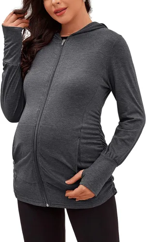 DEBELLY Sudaderas de maternidad de manga larga con cremallera completa, casual, para embarazo, chaqueta con bolsillos, agujero para el pulgar,