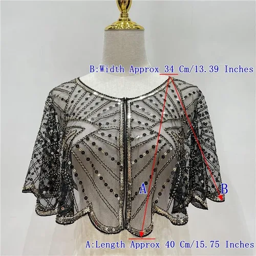 Miniatura 4 de Specell Chal de novia de los años 20, chal con cuentas de lentejuelas, chal y envolturas Bolero, cubierta para vestidos de noche, boda, fiesta, etc