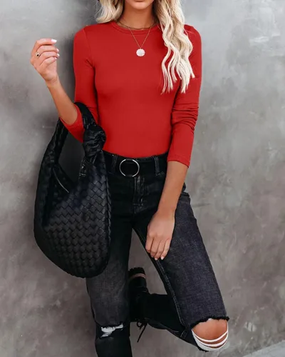 Miniatura 4 de VICHYIE Ropa de otoño para mujer, cuello redondo, acanalada, manga larga, ajustada, camiseta básica casual