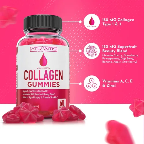 Miniatura 4 de Atlantis Nutrition Gomitas de colágeno 60 + gomitas de fibra prebiótica sin azúcar para adultos, paquete de 2 (120 gomitas)