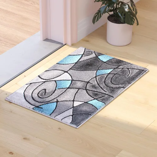 Flash Furniture Jubilee Collection - Alfombra abstracta de olefinas azules, de pelo alto, 2 x 3 pies, respaldo de yute, pasillo, entrada,