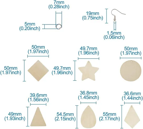 Miniatura 2 de Mega Pet Juego de 60 colgantes de madera en blanco sin acabar, triángulo, rombo, lágrima, estrella, forma redonda, plana, kit de bricolaje