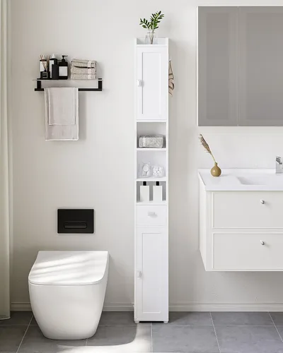 Miniatura 10 de HEXCELEN Gabinete de almacenamiento para baño, gabinete de baño estrecho y alto, gabinetes de piso independientes con 2 puertas y 1 cajón