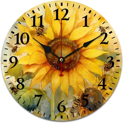 Relojes de pared de 16 pulgadas, girasol con abejas y hojas, movimiento de cuarzo decorativo de madera, número arábigo, mariposa, girasol, reloj de