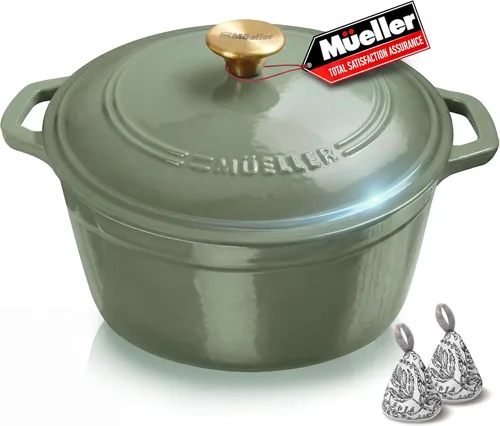 Miniatura 34 de MÜELLERHOME Horno holandés de hierro fundido esmaltado, 6 cuartos de galón, resistente, cazuela con tapa y perilla de acero inoxidable, para todas
