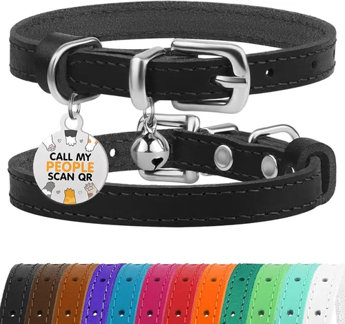 Miniatura 24 de BRONZEDOG Collar de cuero para gato con campanas extraíbles sin liberación rápida, etiqueta QR para gatito para niña y niño