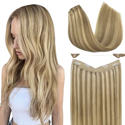 Miniatura 45 de GOO GOO Extensiones de Cabello Humano con Alambre, 18A/613A Rubio Oscuro mezclado con Rubio Decolorado Resaltado 18 pulgadas 95g, Extensiones