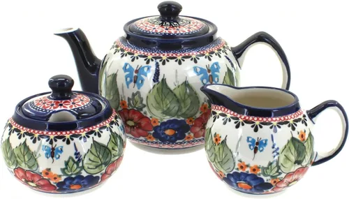 Miniatura 7 de Juego de té pequeño de tres piezas de pavo real de cerámica polaca de rosa azul