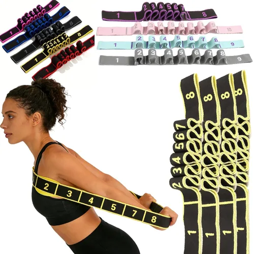 Miniatura 21 de Banda de resistencia de fitness para estiramiento y yoga, banda de resistencia de yoga ajustable de 8 segmentos con asas para brazos, ejercicio