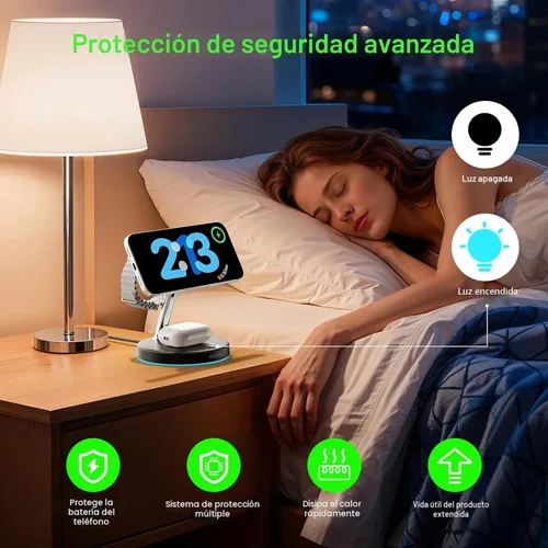 Miniatura 5 de Cargador inalámbrico 3 en 1 para iPhone, estación de carga magnética para la familia Apple con luz ambiental azul ajustable, soporte de cargador