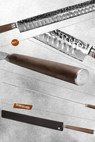 Miniatura 5 de YOUSUNLONG Cuchillo Sakimaru de 23 pulgadas Ultra Yanagiba - Hoja de Acero Damasco Martillado Japonés - Rebanador de Chef Adecuado para Cortar Atún