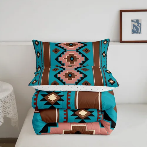 Miniatura 4 de Feelyou Juego de edredón bohemio azteca para niños, tamaño individual, juego de ropa de cama de color marrón verde azulado para niños y niñas