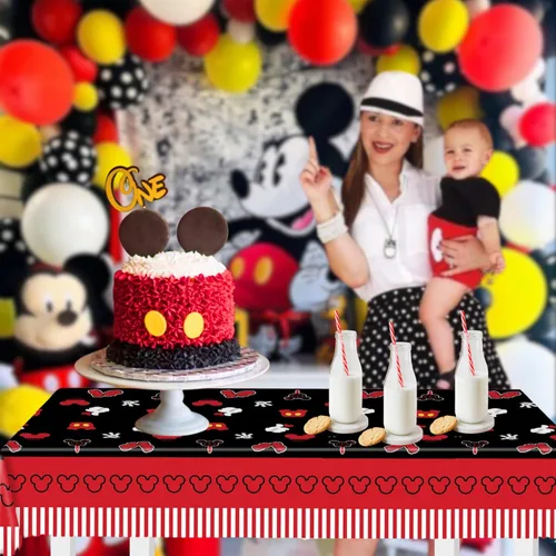 Miniatura 7 de 3 manteles de cumpleaños de ratón para fiestas de 51 x 87 pulgadas, manteles de plástico negro y rojo para niños y niñas, mantel rectangular