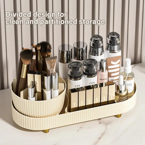 Miniatura 6 de Organizador de maquillaje giratorio para tocador con soporte para pinceles, almacenamiento de maquillaje cosmético, vitrinas de lociones