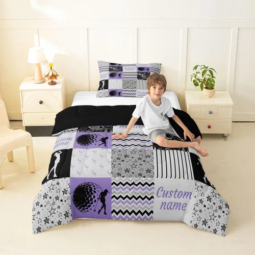Miniatura 38 de Juego de edredón de softbol personalizado, juego de ropa de cama de retazos a cuadros para niños y niños, edredón de bate de béisbol, juego