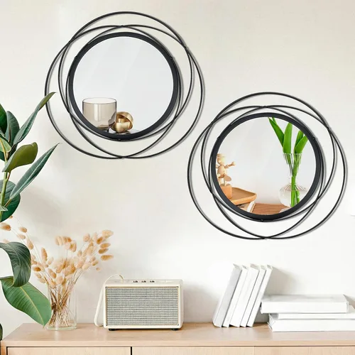 Miniatura 2 de Juego de 2 espejos circulares negros de 33.7 cm, marco de hierro, decoración de pared del hogar, espejos redondos colgantes para sala de estar