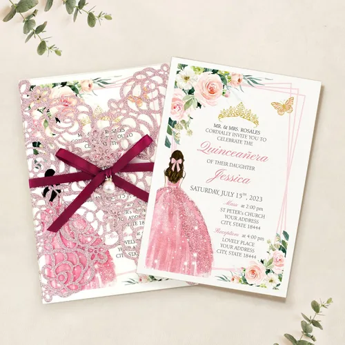 Miniatura 6 de DORIS HOME 50 invitaciones de quinceañera cortadas con láser con sobre, invitaciones de purpurina rosa de 4.9 x 7.2 pies cortadas con láser