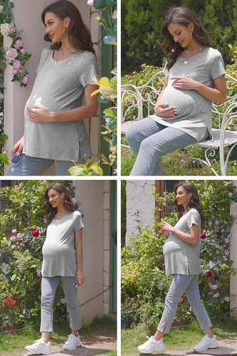 Miniatura 5 de Camisas de maternidad para mujer, manga corta, dobladillo dividido, ropa de embarazo