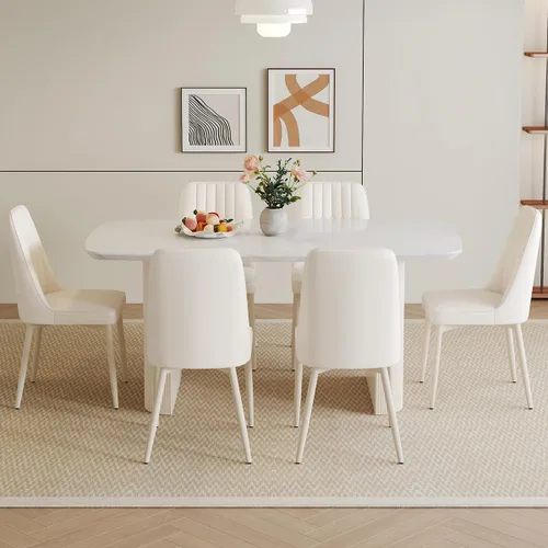 Miniatura 8 de Ebullient Juego de mesa de comedor blanca de 67'' para 6, juego de sillas de mesa de cocina con elegante base de pedestal ondulado, juego moderno