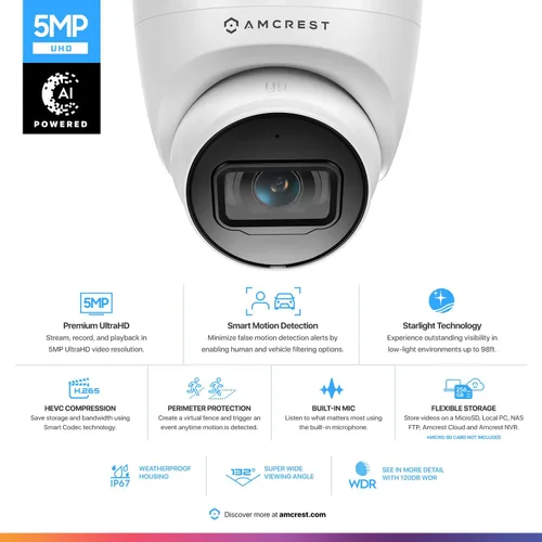 Miniatura 2 de Amcrest Paquete de 2 cámaras PoE de seguridad IP UltraHD de 5 MP con micrófono/audio, 5 megapíxeles, visión nocturna de 98 pies, FOV de 132°, IP67