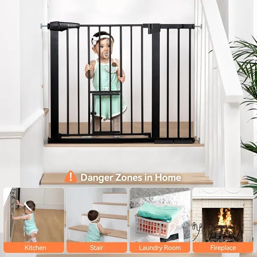 Miniatura 3 de COMOMY Puerta de bebé con cierre automático con puerta para gatos, puerta extra ancha para perros de 29.5 a 40.5 pulgadas para puertas de casa, Negro