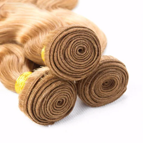 Miniatura 7 de #27 - Paquetes de cabello humano rubio miel ondulado, paquete de 3 paquetes de cabello humano virgen brasileño 08, 10, 12 pulgadas, color 27