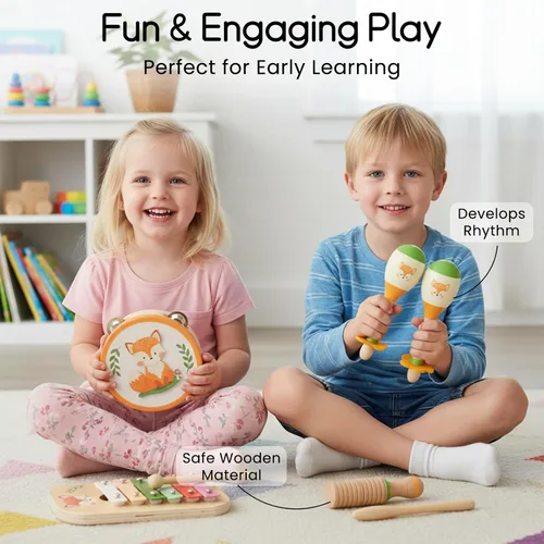 Miniatura 5 de Juego de instrumentos musicales de madera para niños pequeños, instrumentos de percusión de madera natural, juego de regalo de xilófono para niñas