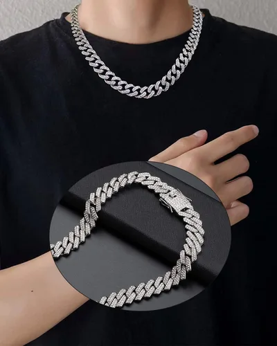 Miniatura 5 de 2 collares cubanos de cadena cubana de 0.59 pulgadas (0.591 in), pulsera cubana de plata con purpurina de diamantes de rap hip-hop, collar