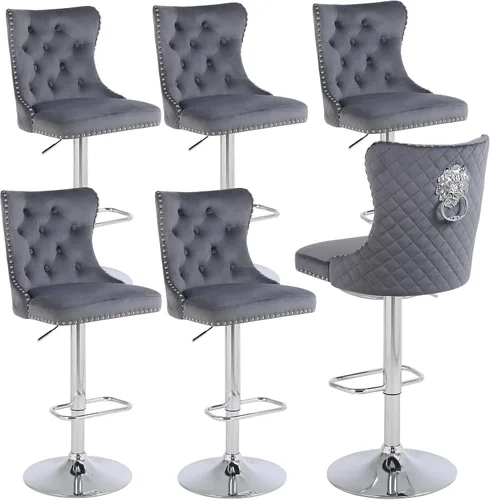 Miniatura 27 de Taburetes de bar negros juego de 2 sillas de cocina giratorias de terciopelo con respaldo alto acolchado, taburetes dorados modernos tapizados