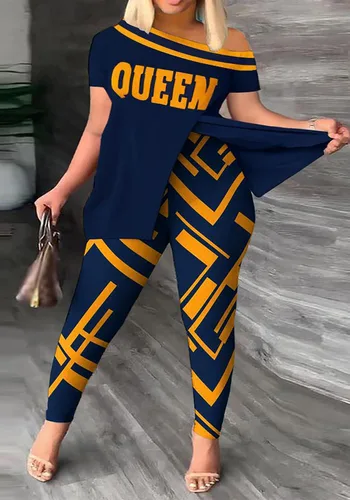 Miniatura 2 de Ecirod Conjunto de 2 piezas de verano para mujer, con un hombro, estampado floral, parte superior con abertura alta, conjunto de leggings