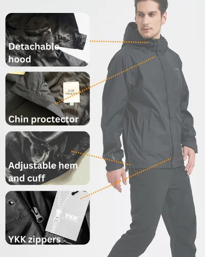 Miniatura 4 de Acme Projects Traje de lluvia (chaqueta + pantalones), 100% impermeable, transpirable, costura sellada, 393.701 in/105.82 oz, cremallera YKK