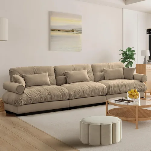 Miniatura 72 de Reposapiés Otomano Tapizado de Terciopelo con Cojín para Sofá Seccional Sofá 300 libras para Sala de Estar (Beige)