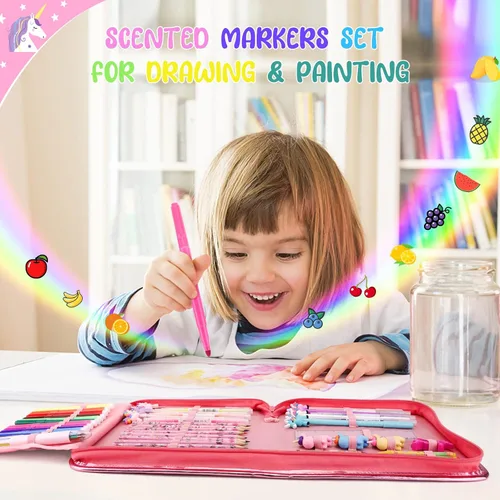 Miniatura 4 de MAIGOZON Juego de marcadores perfumados de frutas 56 piezas con estuche de unicornio con purpurina y papelería, suministros de arte para niños