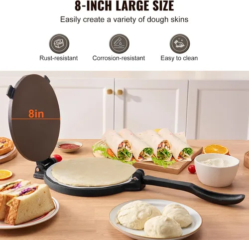 Miniatura 2 de VEVOR Prensa para Tortillas, Máquina para Tortillas y Roti de 8 Pulgadas, Prensa Tortilladora de Hierro Fundido Resistente, Máquina Pataconera