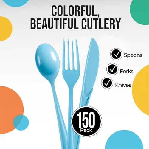 Miniatura 2 de Party Solids Cubiertos de plástico azul claro, 150 piezas, color azul claro, desechables, juegos de utensilios resistentes, 50 de cada tenedor