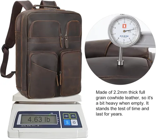 Miniatura 7 de TIDING Mochila para portátil de cuero de grano completo de 17.3 pulgadas para hombres, multibolsillos, casual, mochila de viaje de negocios, Marrón