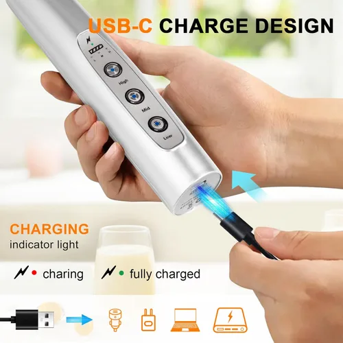 Miniatura 2 de YUSWKO Espumador de leche recargable de mano con 3 cabezas, batidor eléctrico de café plateado para bebidas, mezclador de espuma de mano mini con 3