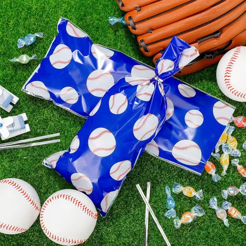 Miniatura 3 de Outus 100 bolsas de celofán de béisbol para regalo de béisbol, bolsas de plástico para golosinas deportivas, bolsa de aperitivos con lazos Azul