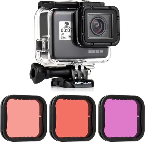 GEPULY Carcasa impermeable con filtro de buceo para GoPro Hero 7 6 5 Negro, Hero (2018) Cámara - 147.6 ft fotografía submarina - con filtros rojos,