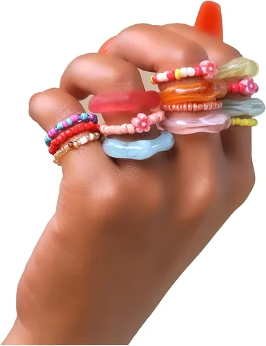 Miniatura 2 de SENNI Anillos de resina acrílica coloridos y lisos con cuentas elásticas para mujeres y niñas