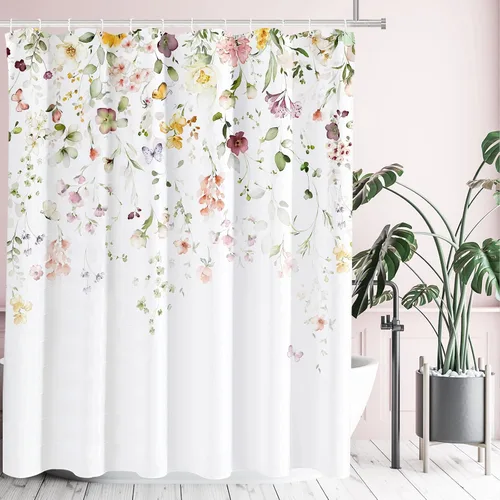 Miniatura 13 de Tititex Blomming - Cortina de ducha floral blanca brillante, hojas verdes acuarela en la parte superior, decoración de baño de planta