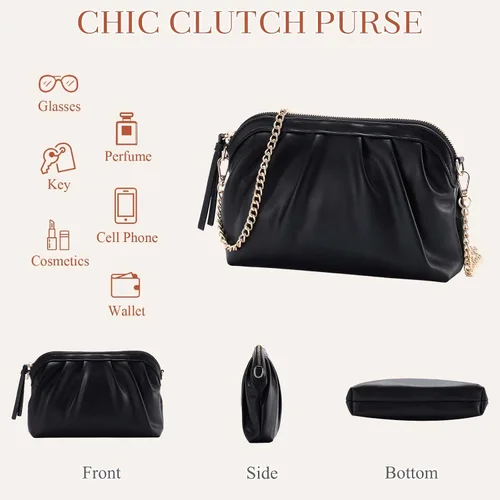 Miniatura 5 de VASCHY Bolso de mano para mujer, de cuero vegano fruncido, pequeño, formal, de noche, bolso cruzado al hombro, boda, fiesta